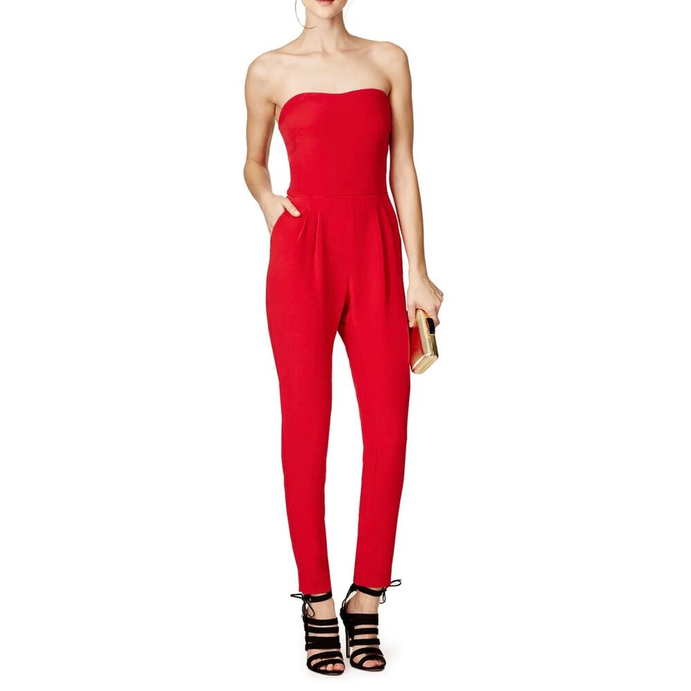 Hunter Bell Jumpsuit Strapless Red Silk Slim Leg Ankle Zippers